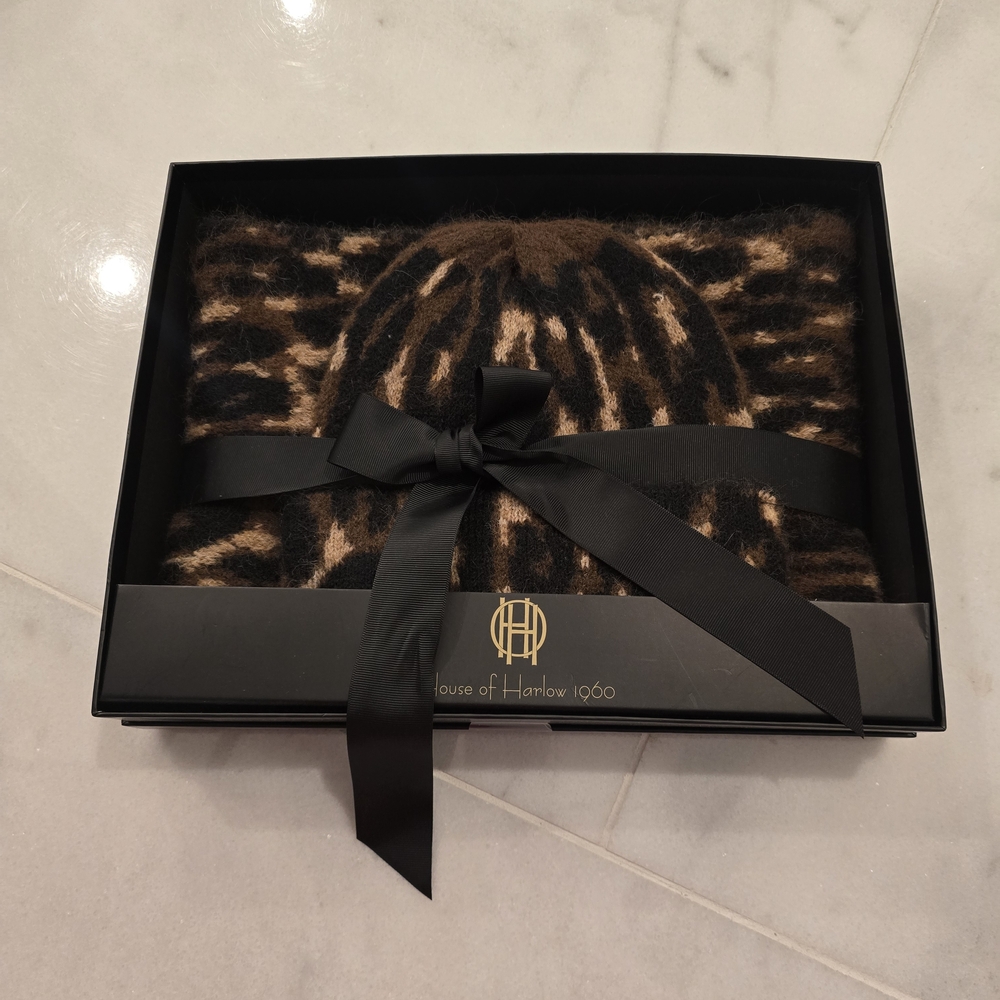 House of Harlow 1960 Leopard Print Knit Hat & Scarf Set - Brown, Black, Cream